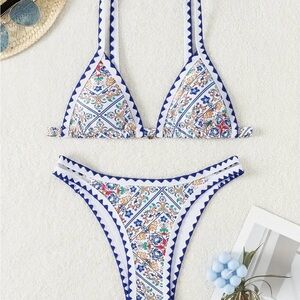 Chic Blue and White Patterned Bikini Set